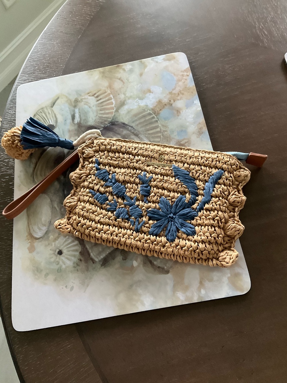Spartina 449 Woven Straw blue wildflower Wristlet Clutch